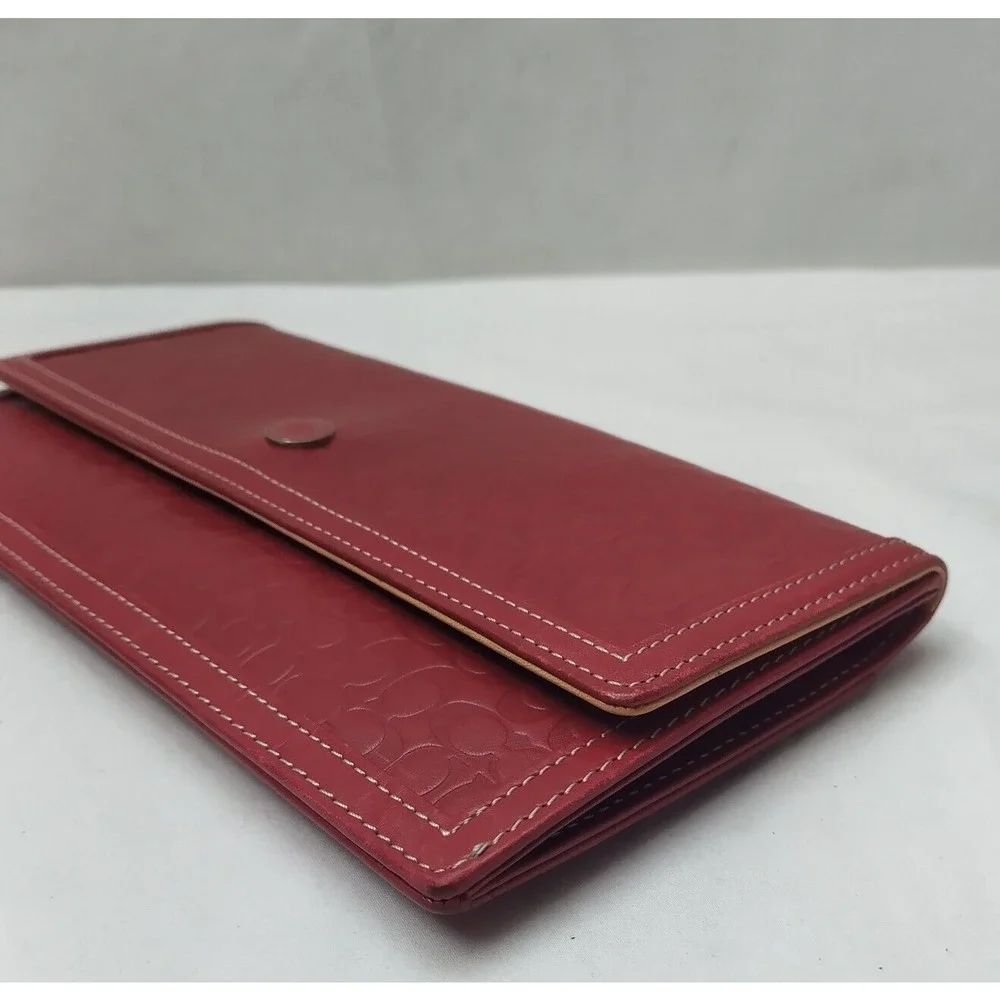 Coach Red Leather C Embossed Credit Card Bifold Envelope Long Wallet